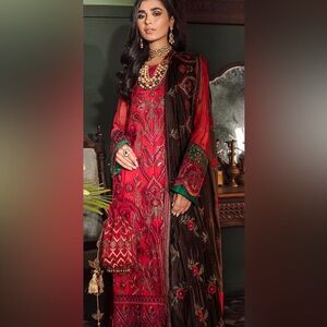 Elegant Red and Green Embroidered Wedding Dress Pakistani party wear with long s